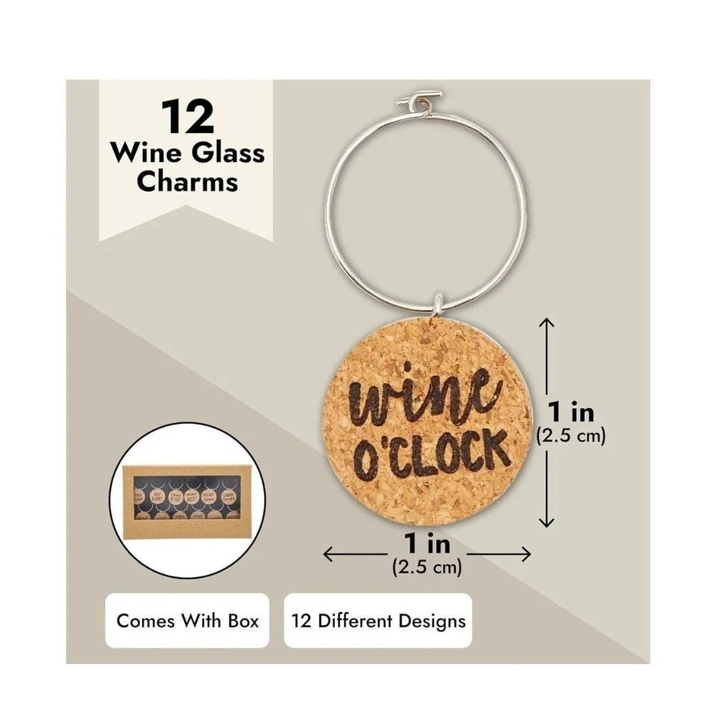 NEW 12pc Cork Wine Glass Charms Set Punny Drink Markers Hostess Gift
